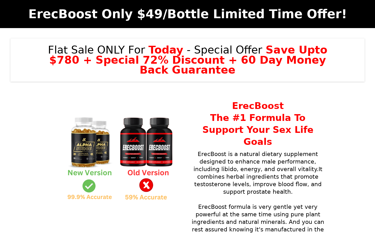 Another ErecBoost promotion displaying Alpha Surge as the new version and a $49-per-bottle headline
