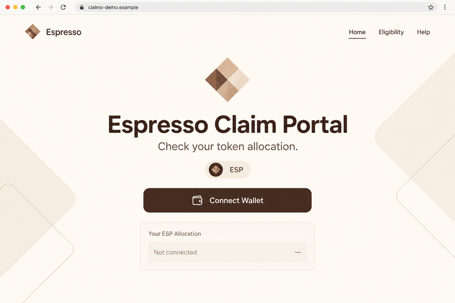 Claim Espresso ESP Scam Exposed: Fake Token Portals and Wallet Access Risks 1 Illustrative Espresso token allocation portal with a wallet button and an unconnected account state