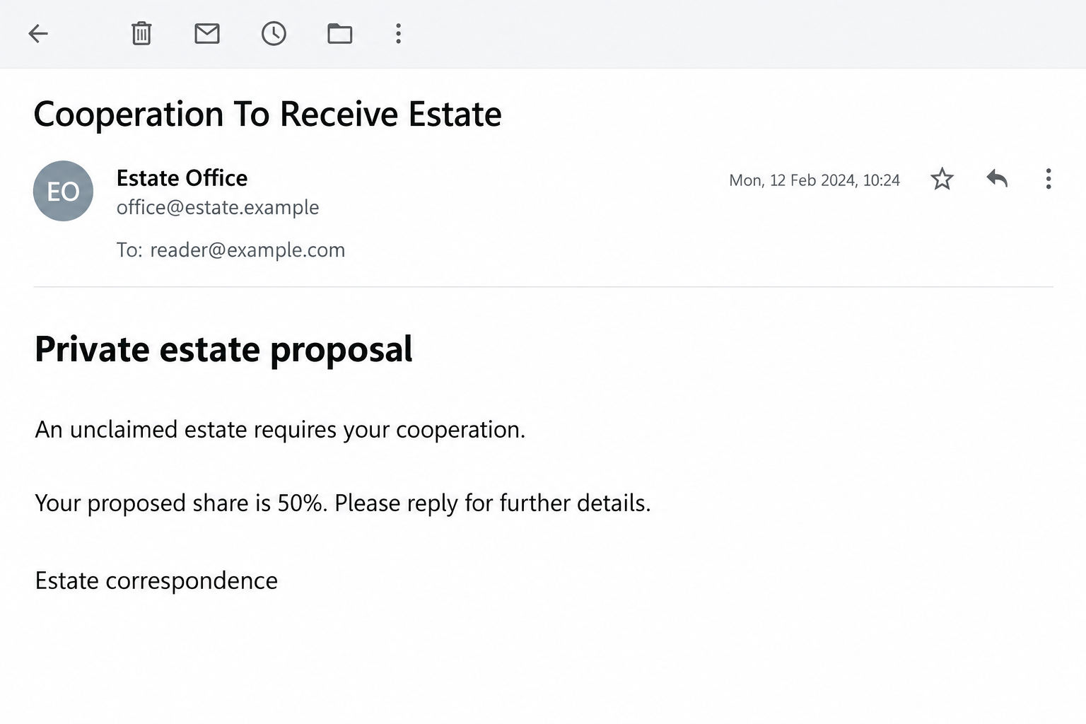 Cooperation To Receive Estate Email Scam: The Fake 50% Inheritance Offer 1 Fictional Cooperation To Receive Estate email illustrating an unsolicited proposal to share 50% of an estate