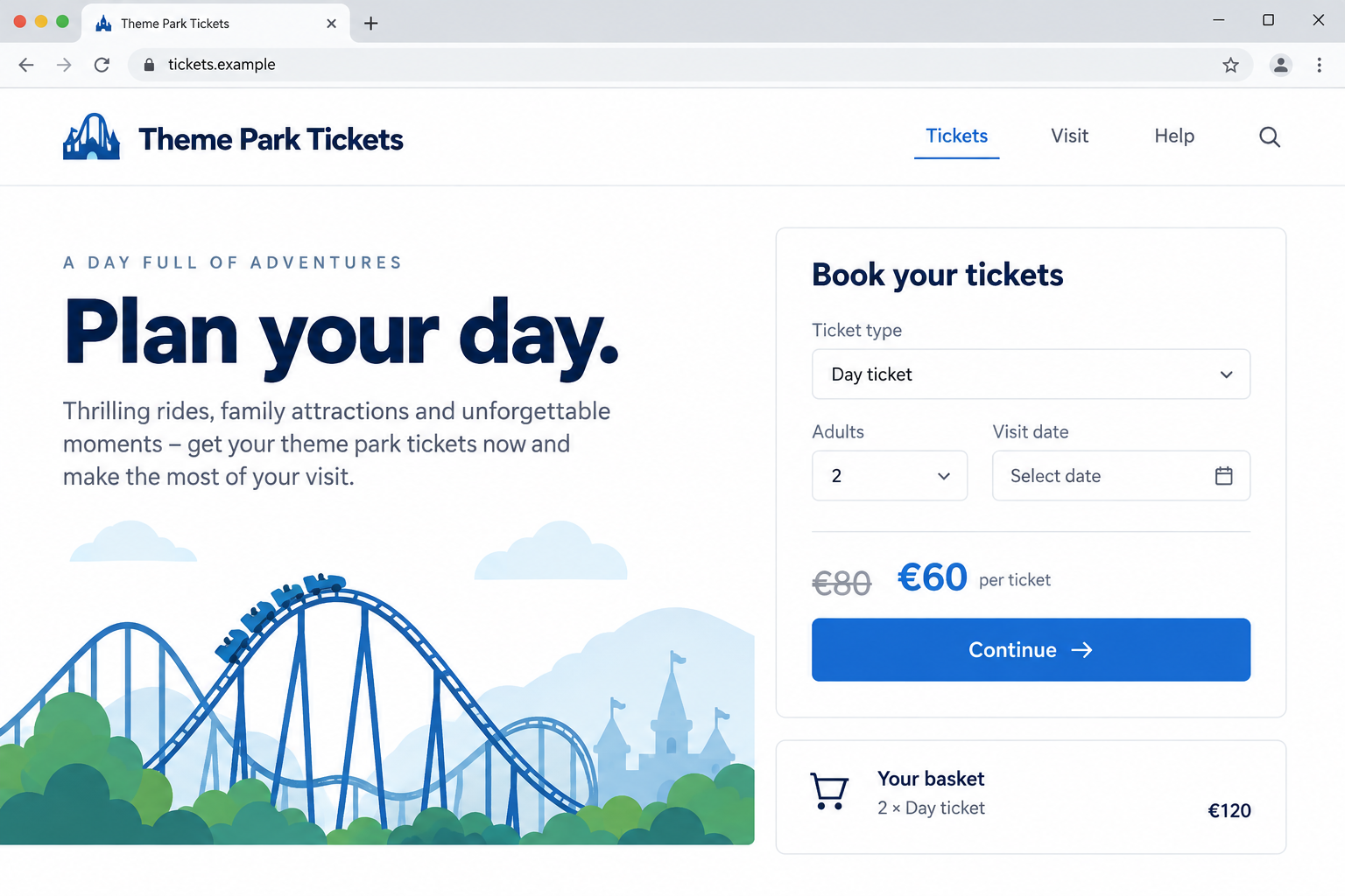 Europa-Park Ticket Scam: The Cheap Online Booking That Ends at the Gate 1 Illustrative theme-park ticket booking page with a fictional example domain and sample prices