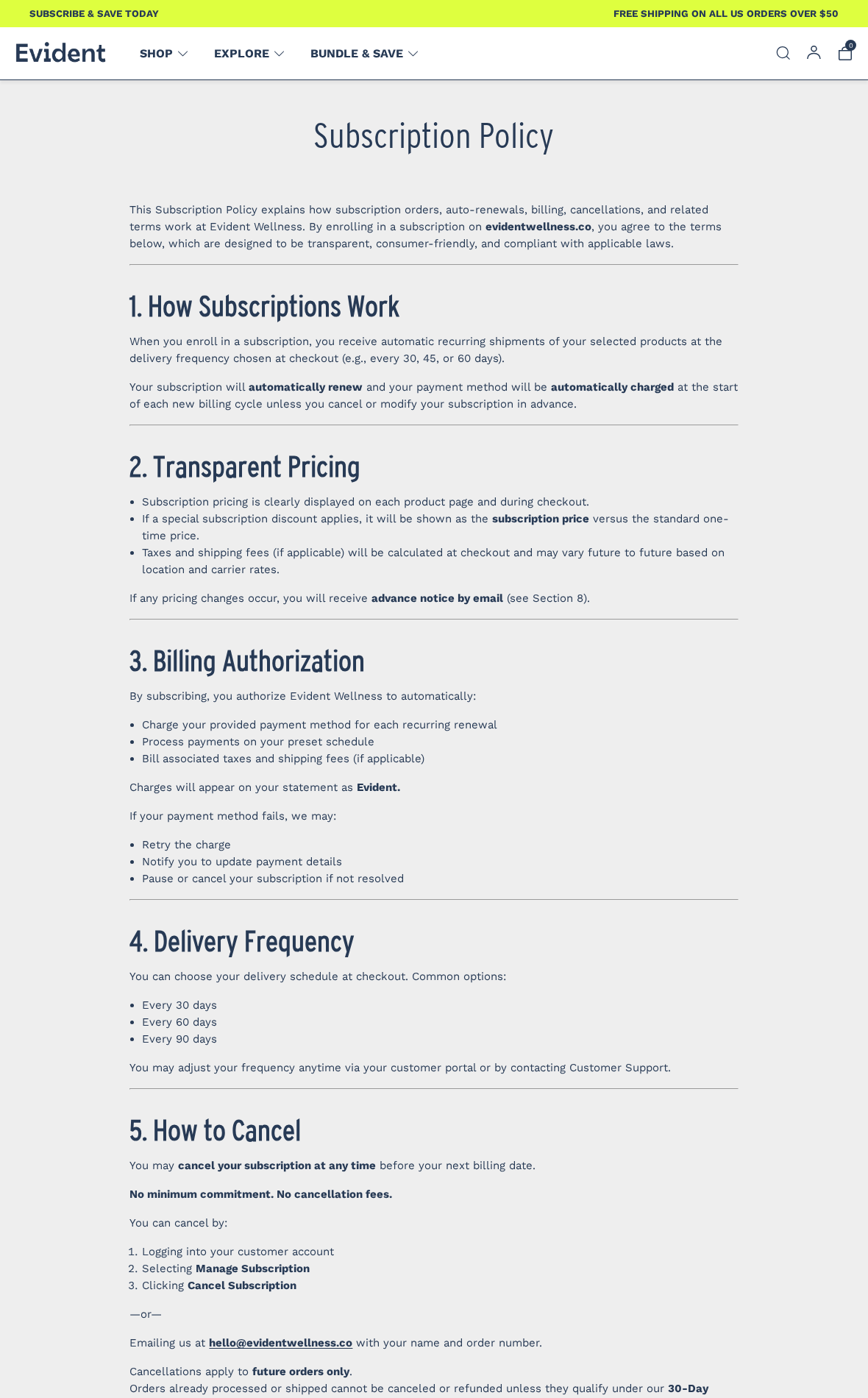 Evident subscription policy stating automatic billing and cancellation requirements