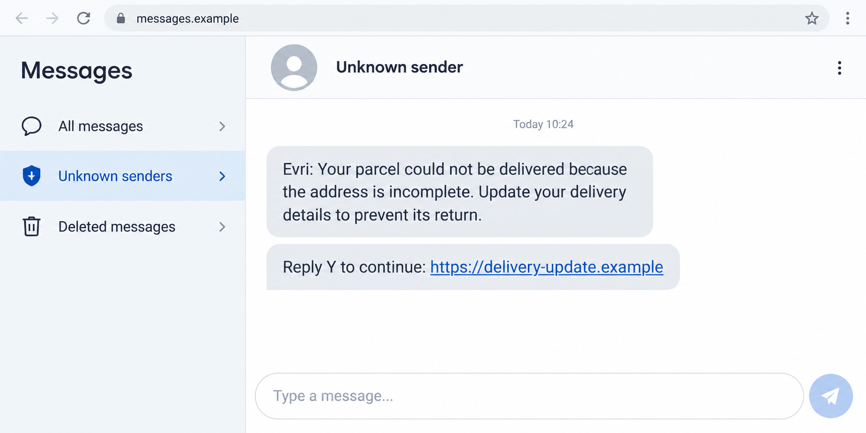 Evri Text Message Scam: Fake Delivery Updates That Steal Your Card Details 1 Illustrative fake Evri delivery text asking for a Y reply and linking to a fictional example domain