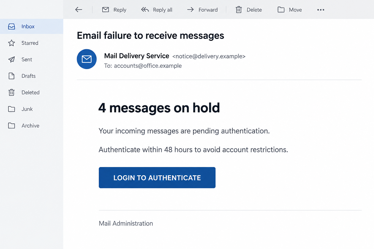 Email Failure to Receive Messages Scam: The Fake 48-Hour Mailbox Threat 1 Illustrative email claiming four held messages and offering a LOGIN TO AUTHENTICATE button