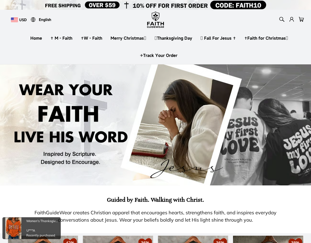 FaithGuideWear storefront displaying faith-themed clothing and discounted prices