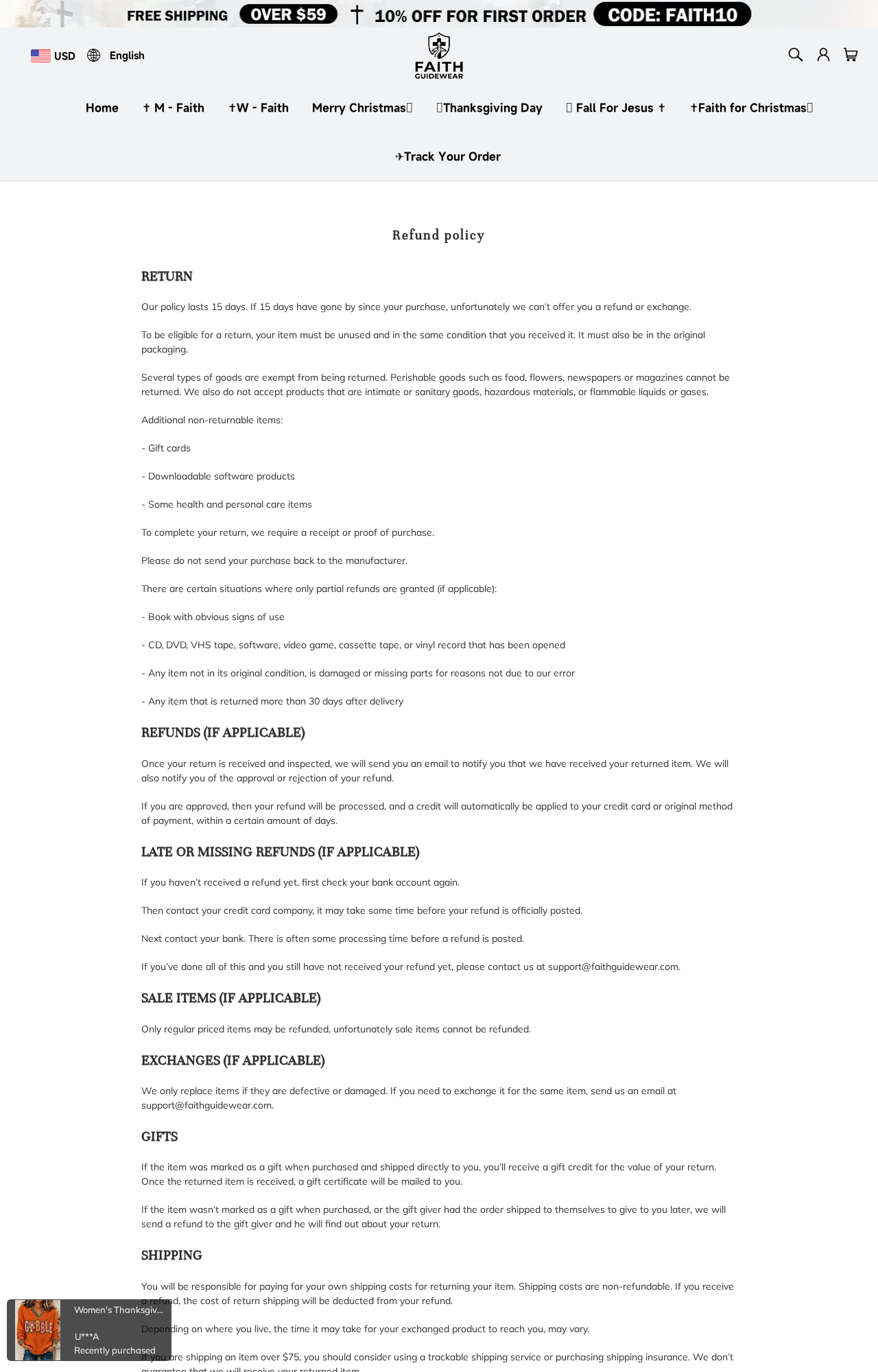 FaithGuideWear refund policy showing a purchase-based return deadline and sale-item exclusions