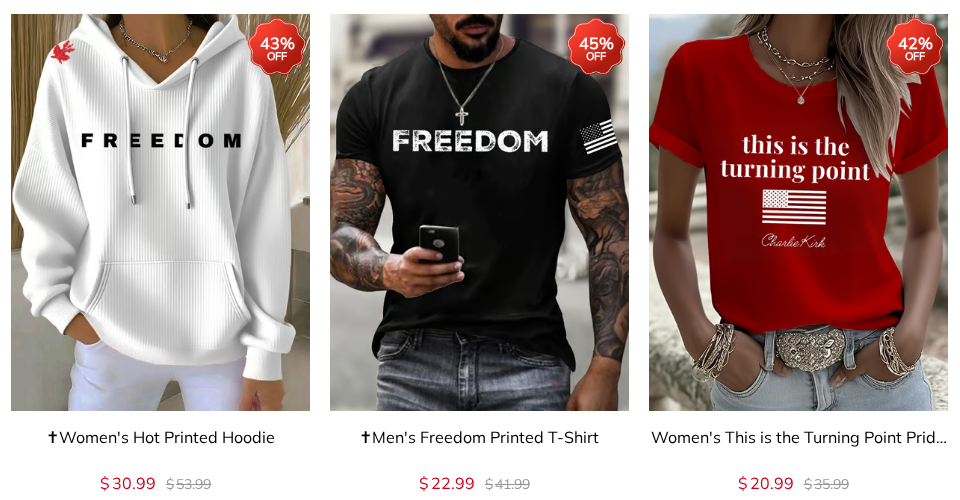 Archived FaithWardrobe Charlie Kirk collection showing Freedom hoodie and T-shirt listings and a This is the Turning Point tee at 20.99 to 30.99 with discount badges