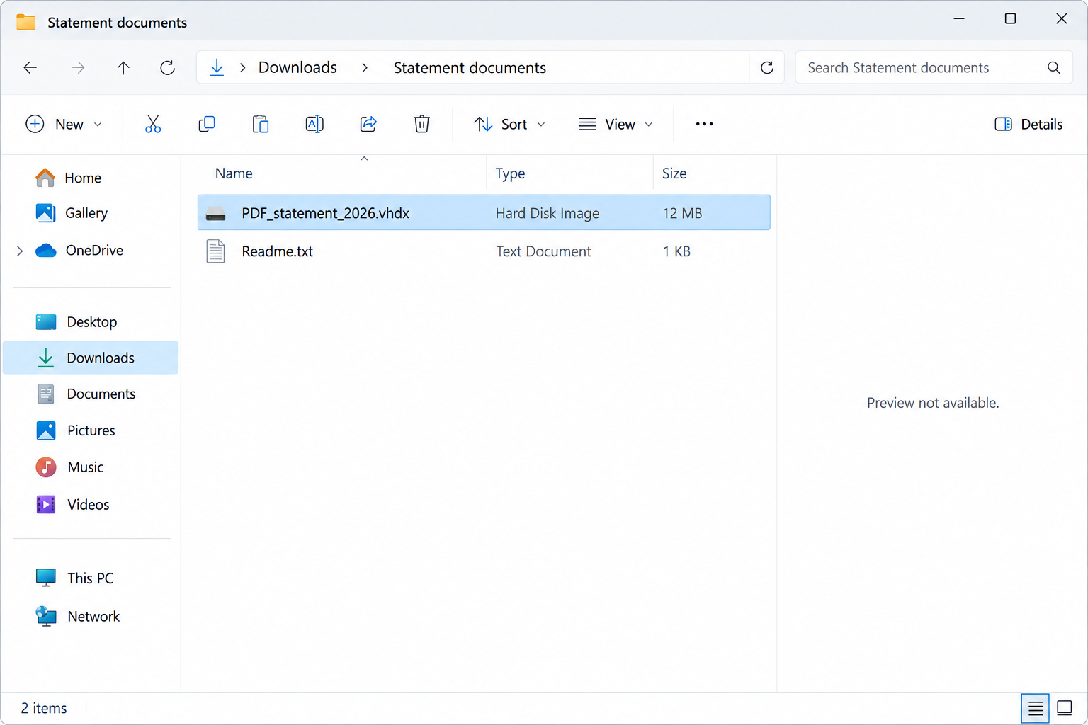 Fake Bank Statement Scam: The Document That Installs a Remote Control Agent 1 Illustrative Windows file listing where a PDF-named bank statement is actually a VHDX disk image