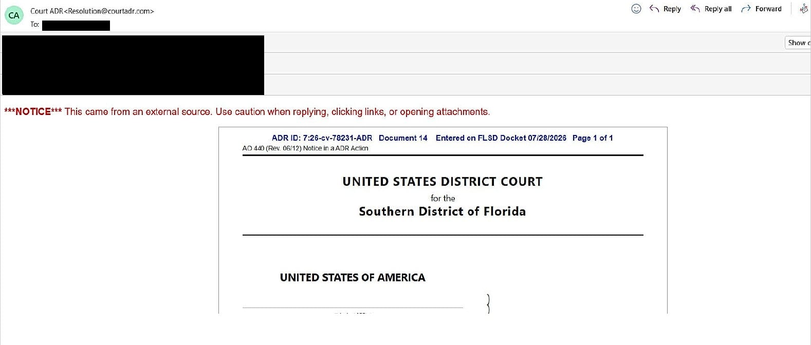 Redacted fraudulent Court-Ordered ADR email sample published by the Southern District of Florida court