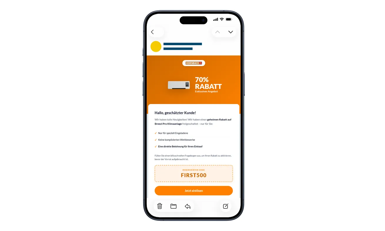 Fake HORNBACH promotional email offering 70% off Breezi Pro with code FIRST500
