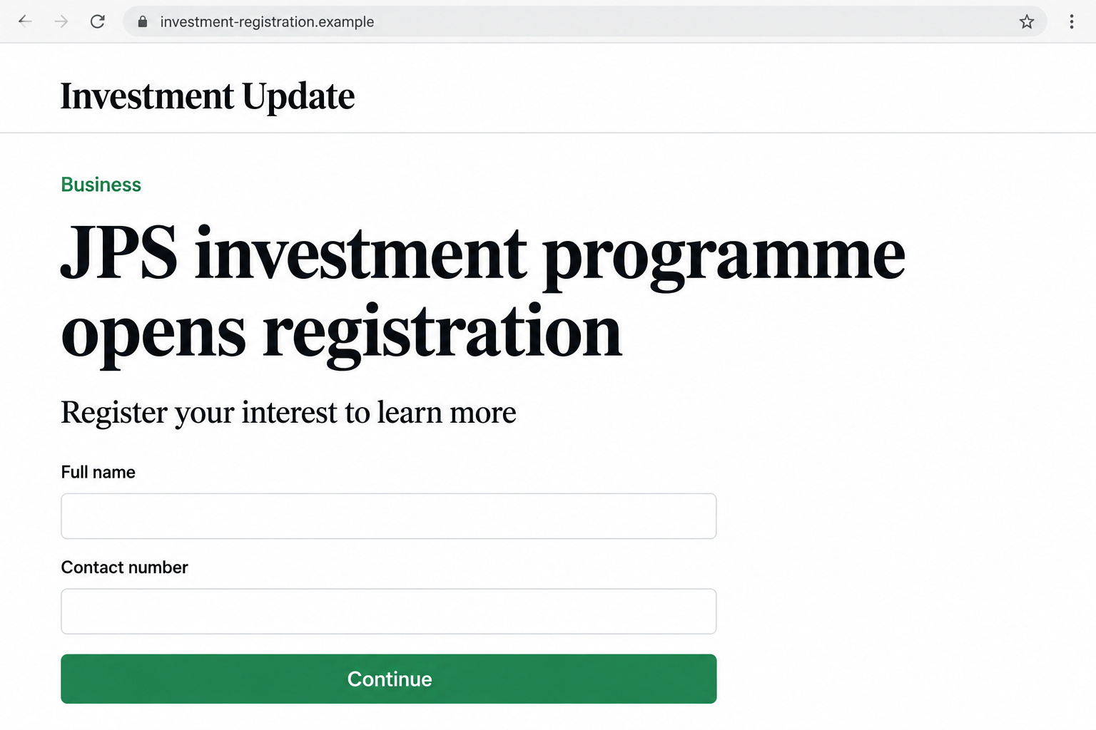 Fake JPS Investment Program Scam: False News and Registration Money Traps 1 Illustration of a fraudulent JPS investment registration page using a fictional address