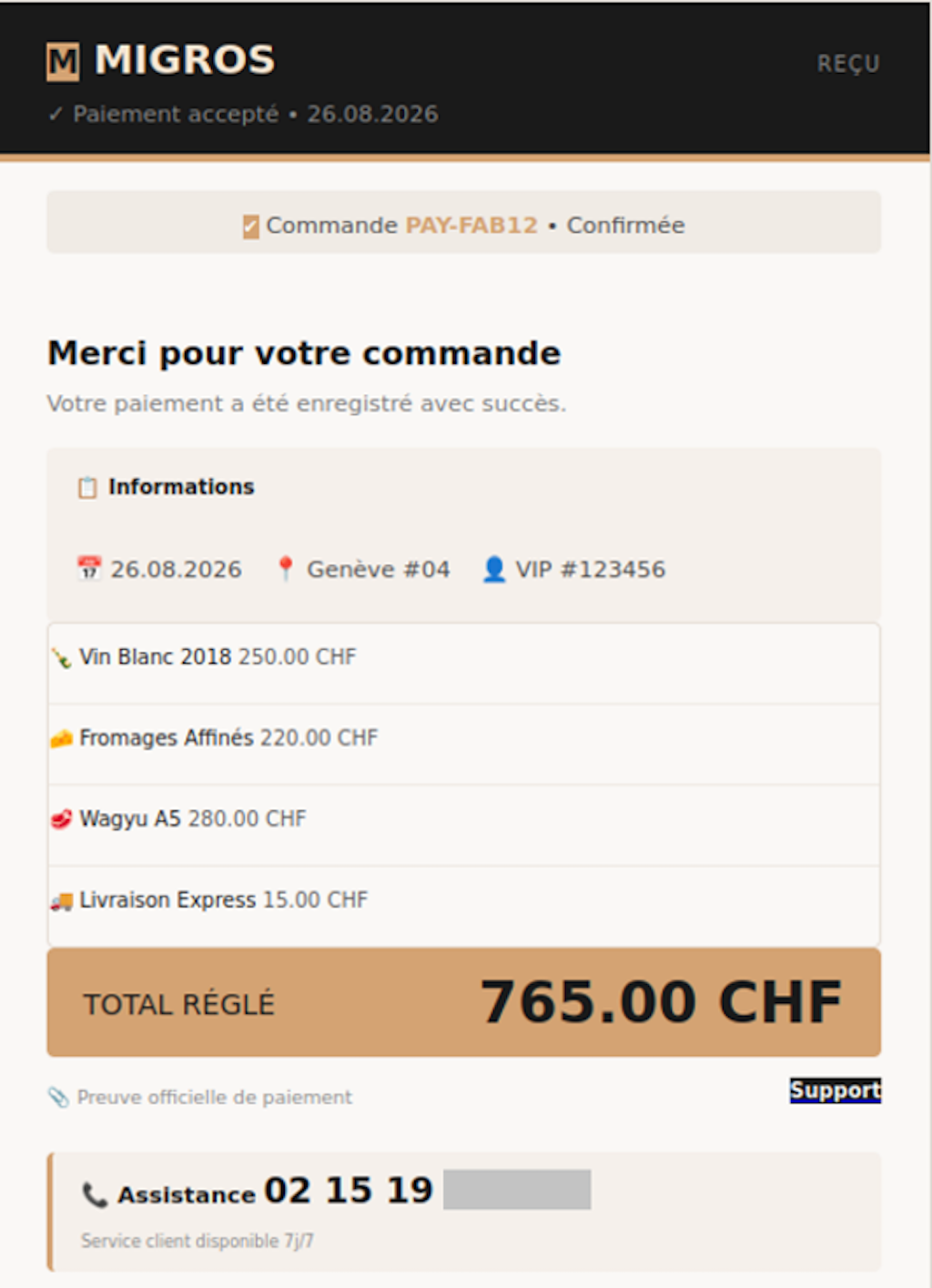 Fake Migros CHF 765 Invoice Scam: The Support Phone Number Is the Real Trap 1 Original false Migros CHF 765 receipt published by the NCSC with the callback number partly redacted