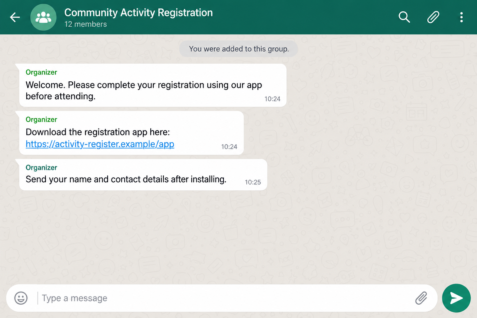 Illustrative messaging group pushing a registration app through a fictional download link