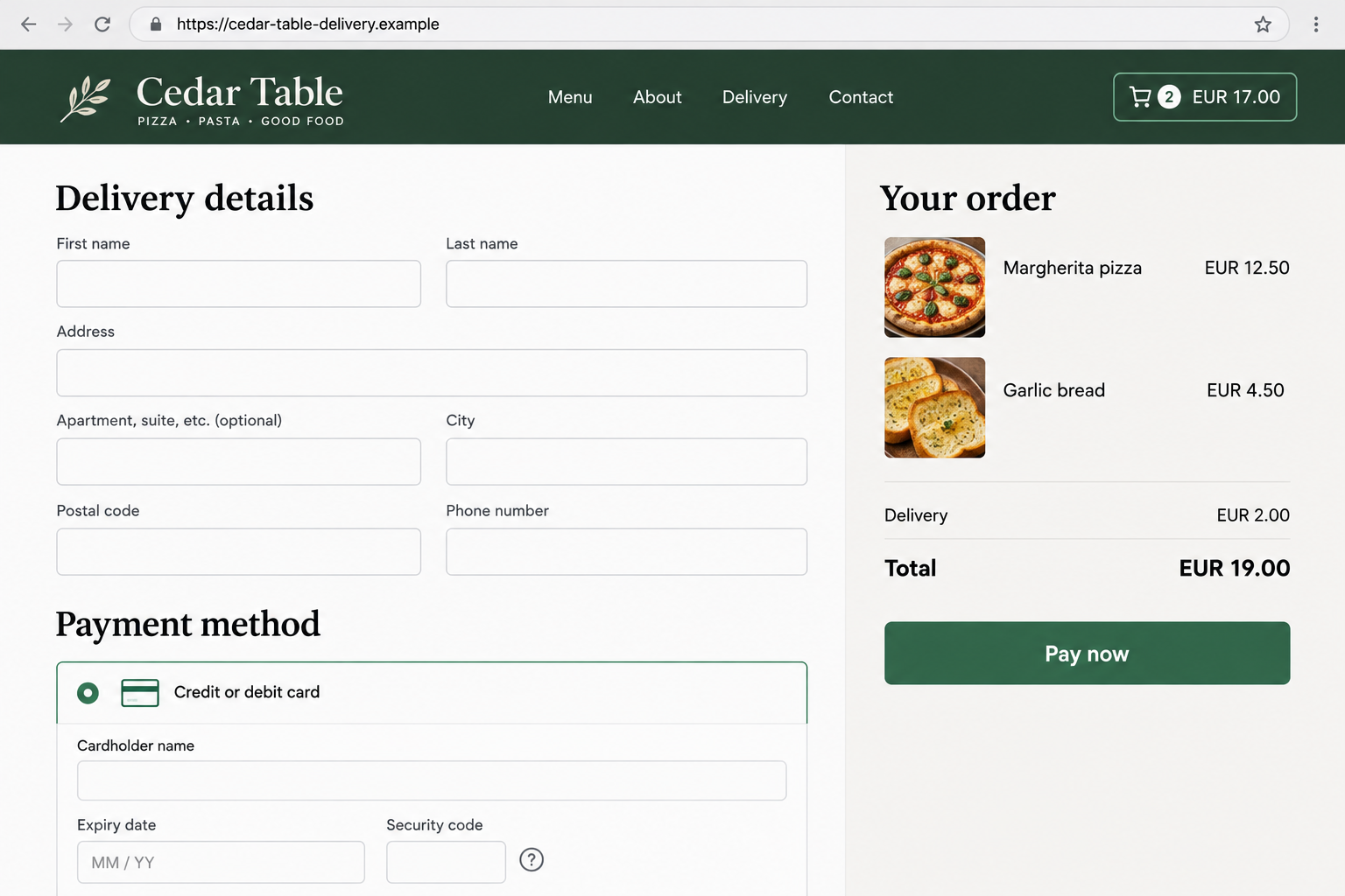 Fake Restaurant Website Scam: You Pay for Dinner, but No Food Ever Arrives 1 Fictional restaurant checkout illustration showing a meal order and empty payment fields on a reserved example domain