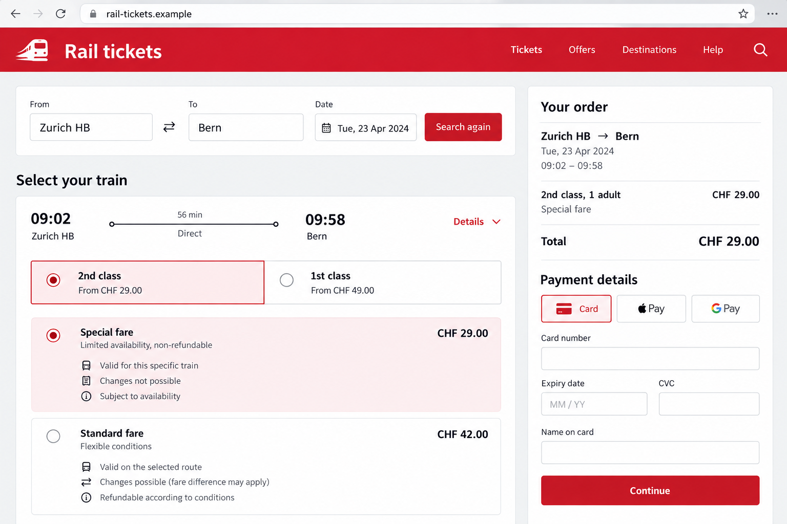 Fake SBB Ticket Website Scam: Real Train Times and a Card-Data Theft Trap 1 Fictional train-ticket booking interface illustrating a cloned rail-shopping website
