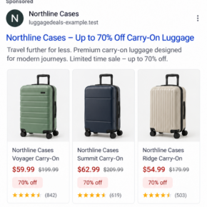 Illustrative fictional sponsored search result for heavily discounted carry-on luggage