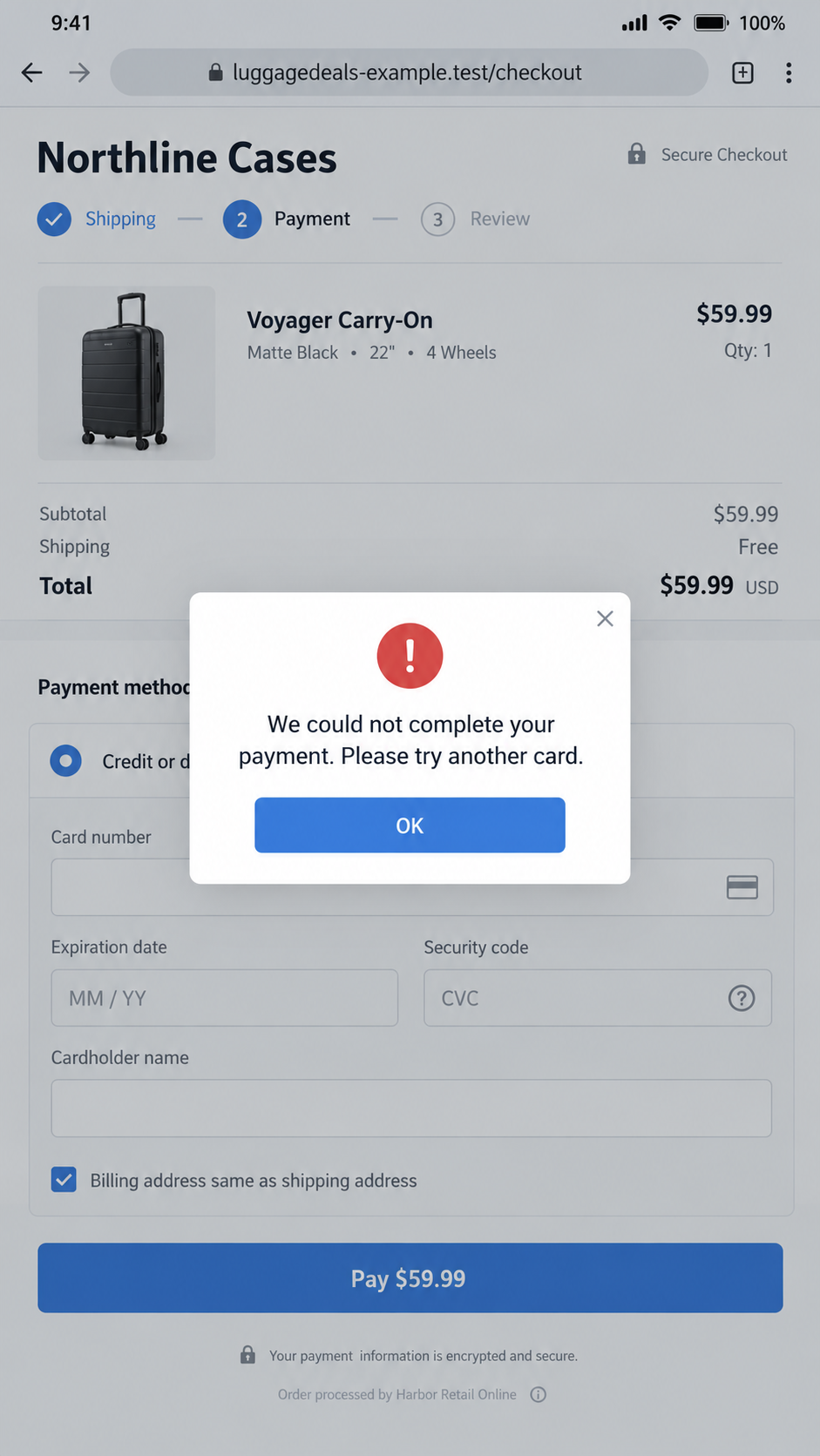 Illustrative fictional lookalike luggage checkout displaying a card-payment error