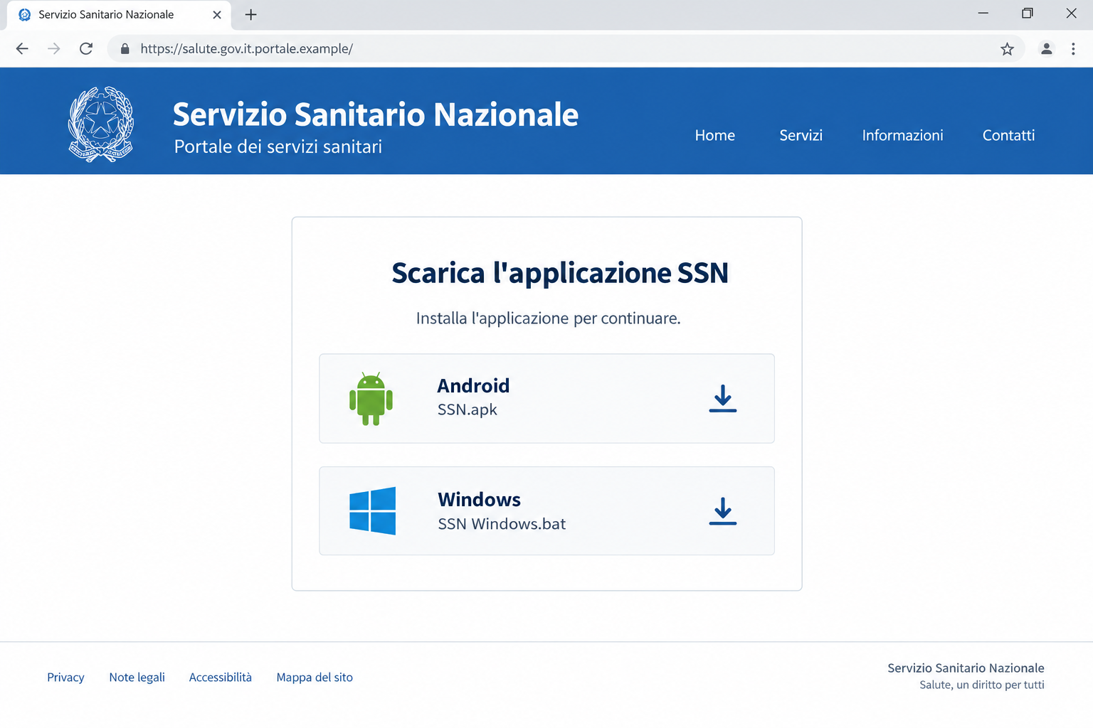 Fake SSN Health Portal Scam: Malware Downloads Target Android and Windows 1 Illustration of a false Italian SSN health portal offering Android APK and Windows BAT downloads