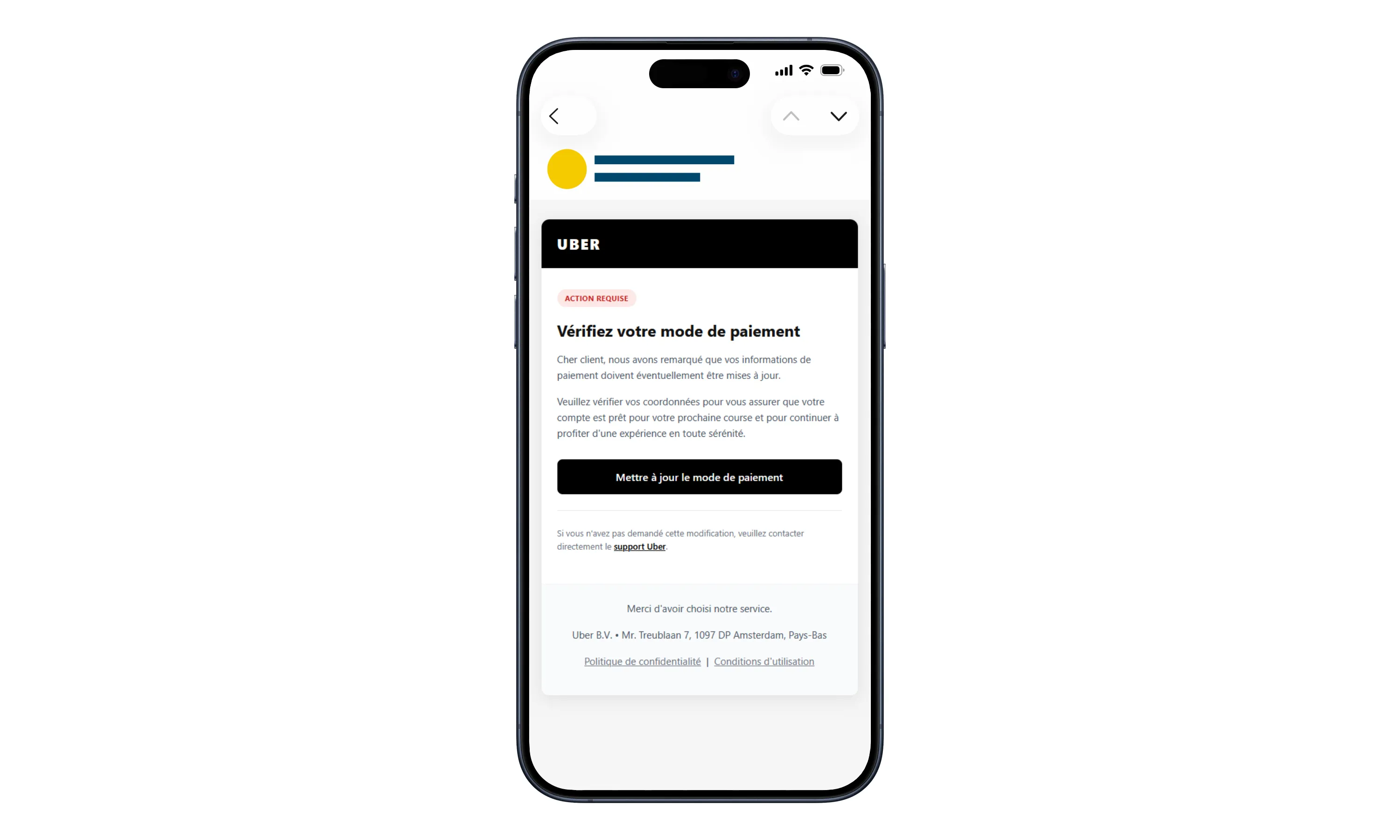 Fake Uber Payment Update Email Scam: The Card Check That Can Cost You More 1 Fraudulent Uber email in French requesting a payment-method update