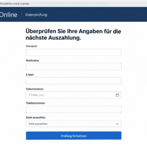 Illustrative false family-benefit verification form with personal-data fields and a bank selection