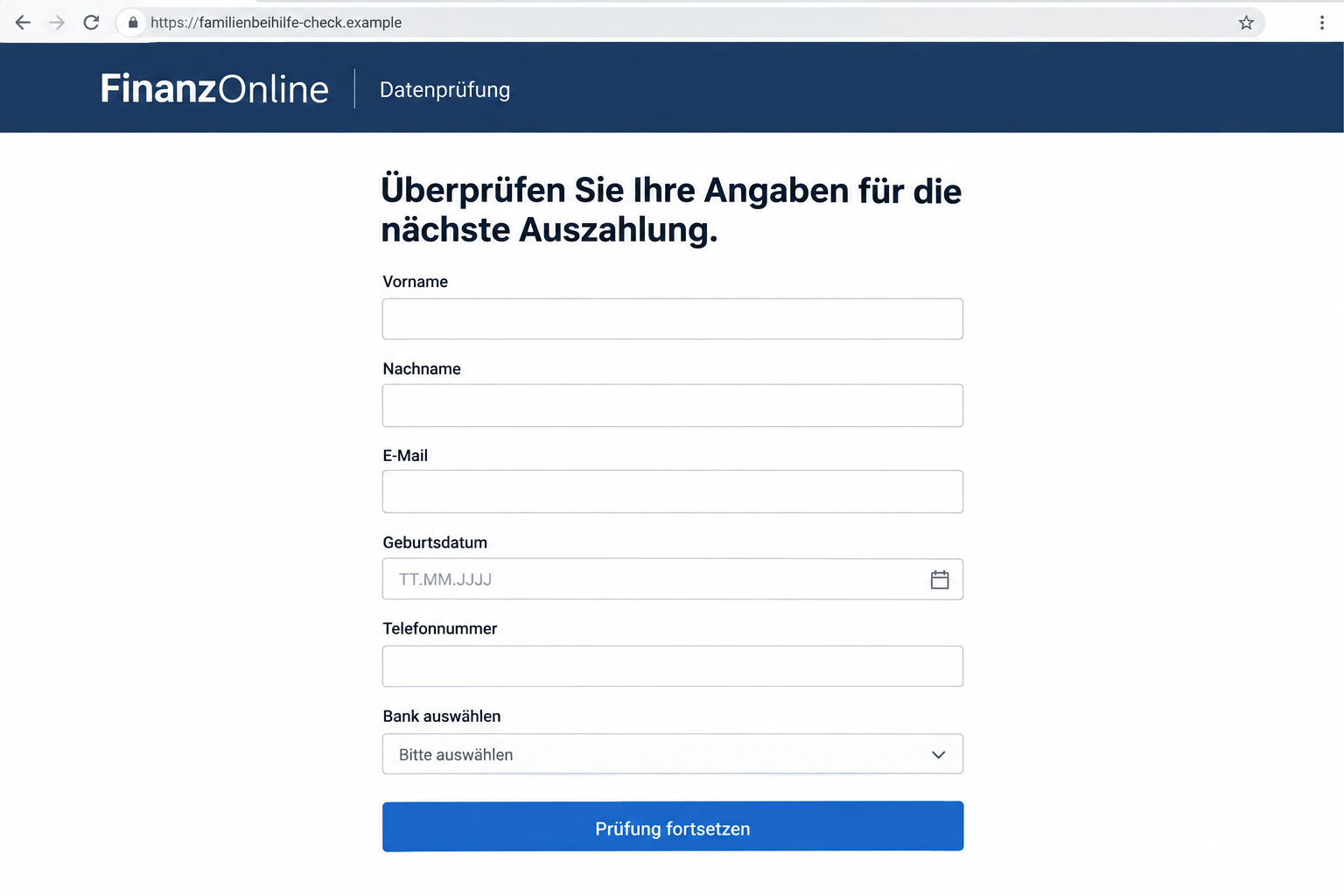 Family Benefit Email Scam: Fake FinanzOnline Checks Steal Banking Logins 1 Illustrative false family-benefit verification form with personal-data fields and a bank selection