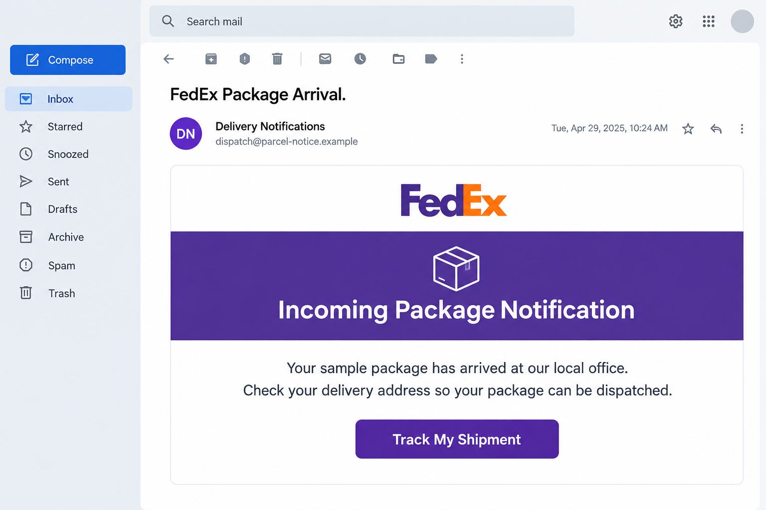 FedEx Incoming Package Notification Scam: Fake Sample Parcel Email Alert 1 Illustrative FedEx Incoming Package Notification email with a fictional sender and Track My Shipment button