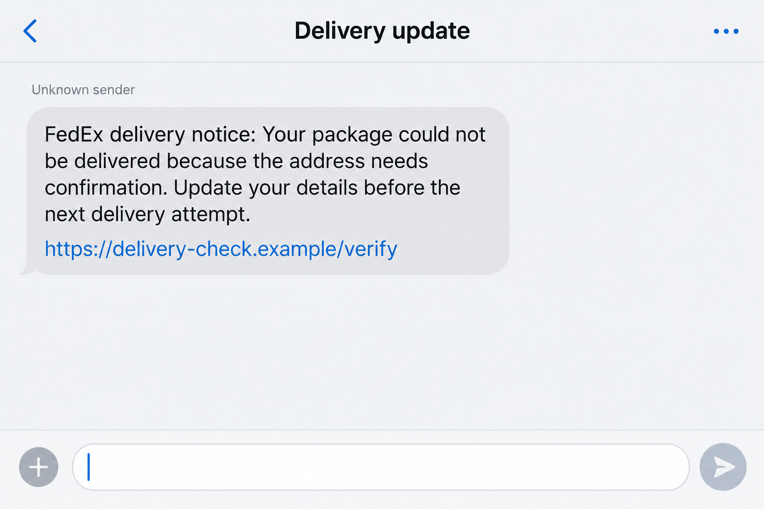 Illustrated delivery text asking the recipient to confirm an address through a fictional verification link