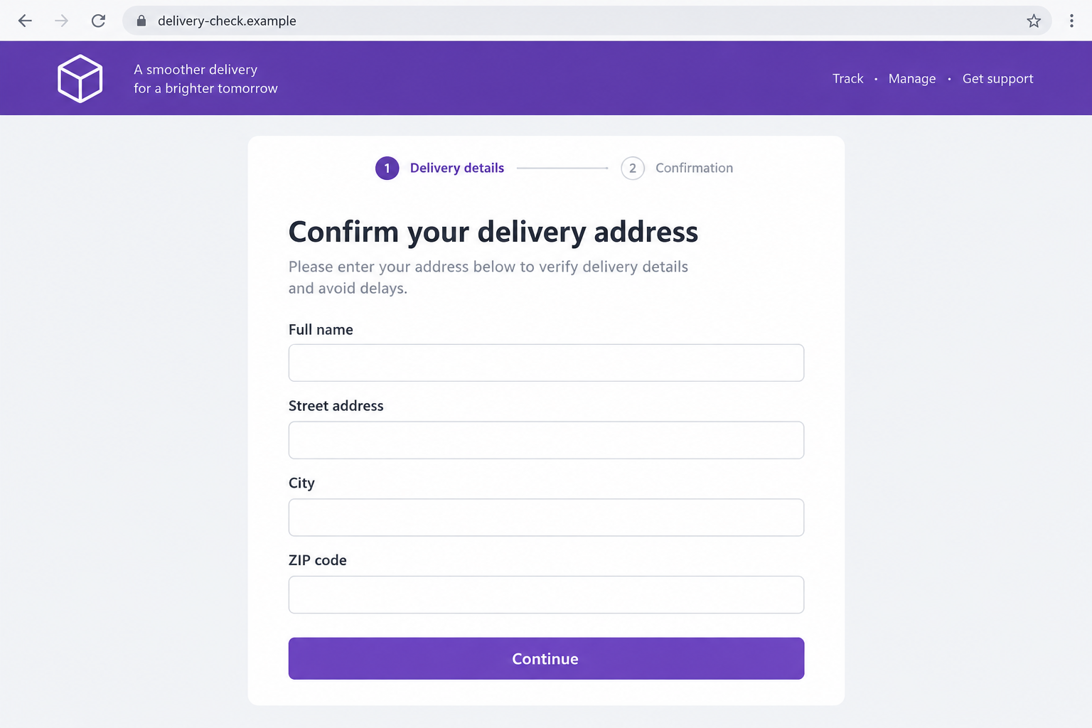 Illustrated address-confirmation form showing blank personal-information fields on a fictional delivery verification page