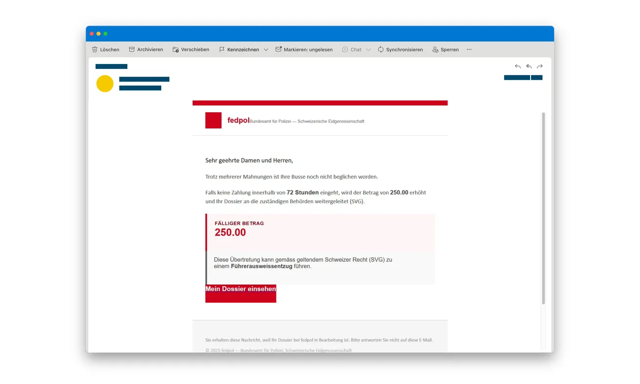 Original fraudulent fedpol fine email showing a 72-hour deadline, threatened consequences and a red case-viewing button