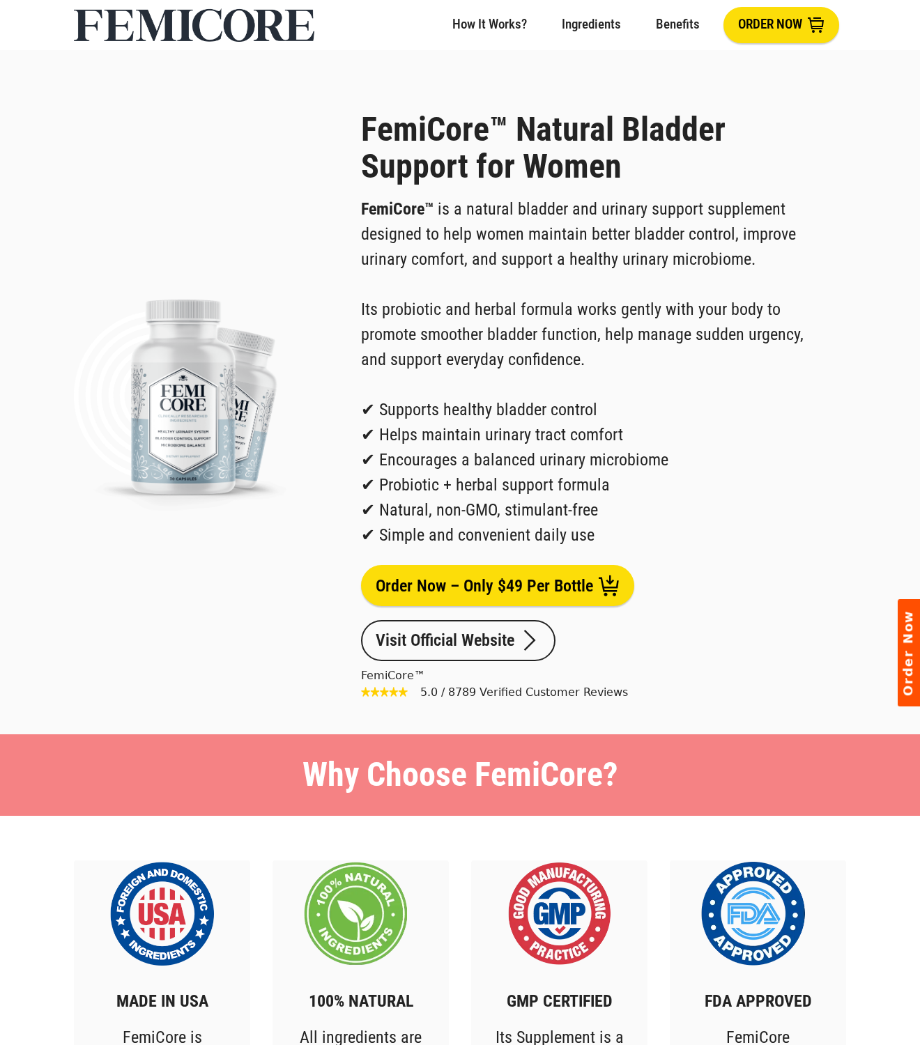 FemiCore promotional page advertising bladder support, a $49 per-bottle headline and an FDA Approved badge