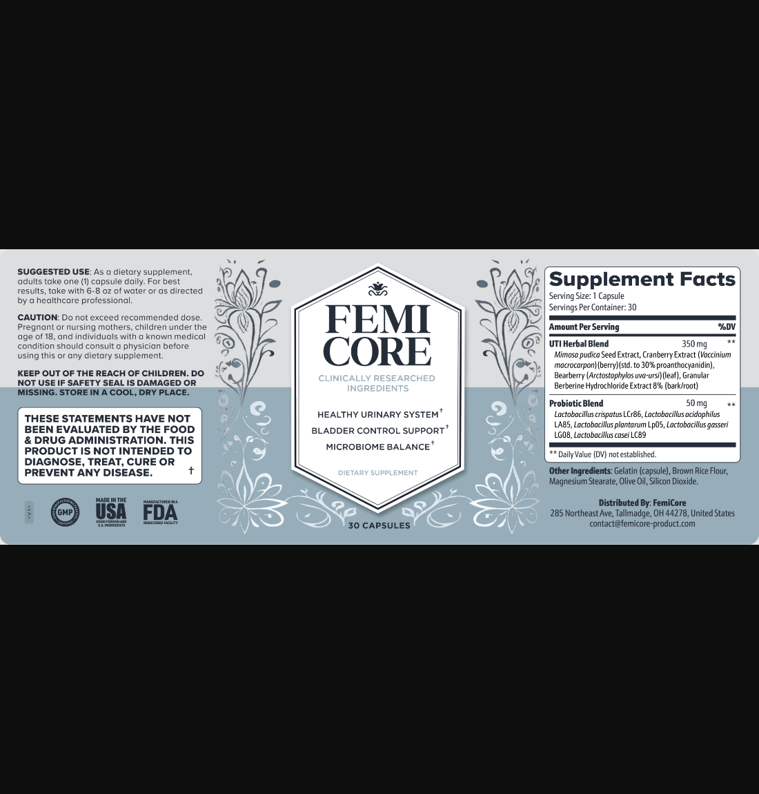Seller-hosted FemiCore label showing the herbal and probiotic blend totals, capsule count, distributor and contact information