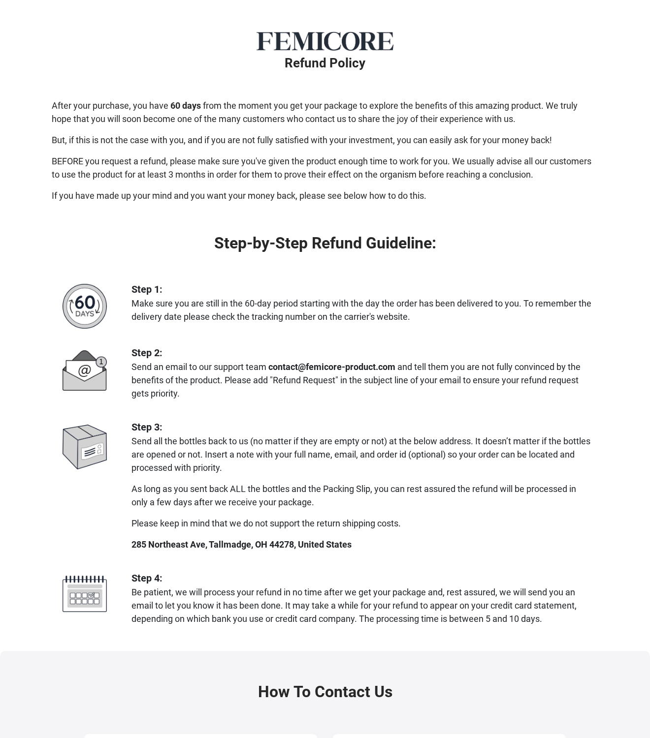 FemiCore refund page showing a 60-day period alongside advice to use the supplement for at least three months