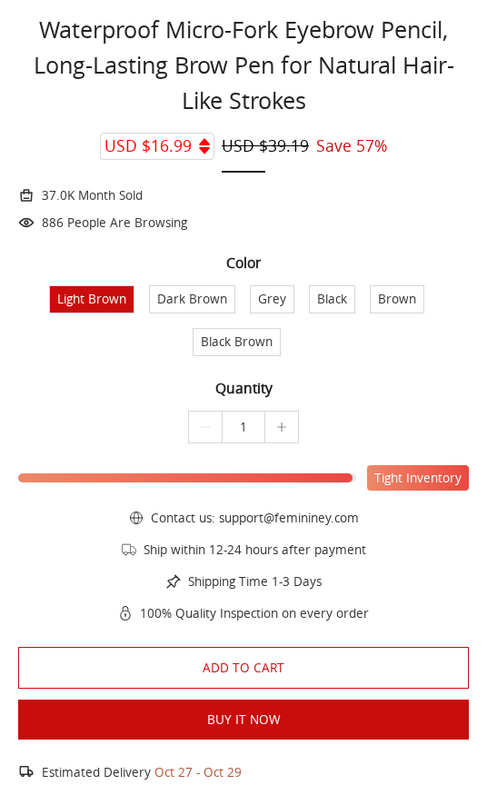 Femininey product page displaying its price, sales and inventory widgets and fast-shipping promise