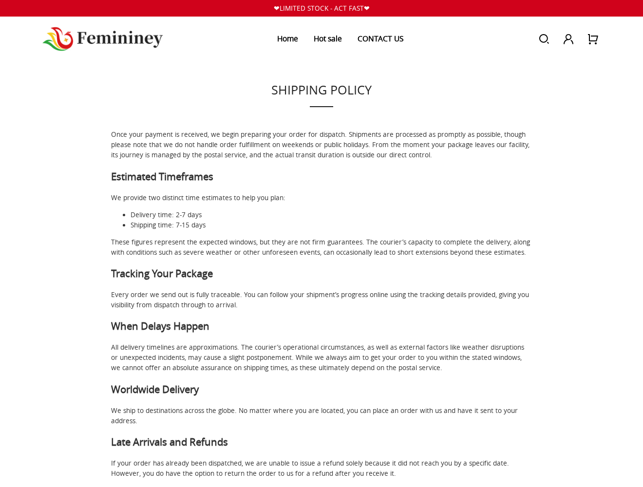 Femininey shipping policy showing different estimated delivery and shipping windows