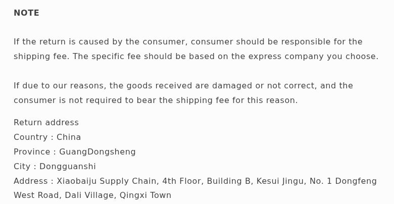 Kariney policy showing a China return destination and the different postage treatment for seller errors