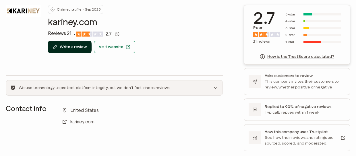 Kariney Trustpilot profile displaying a 2.7 rating from 21 reviews
