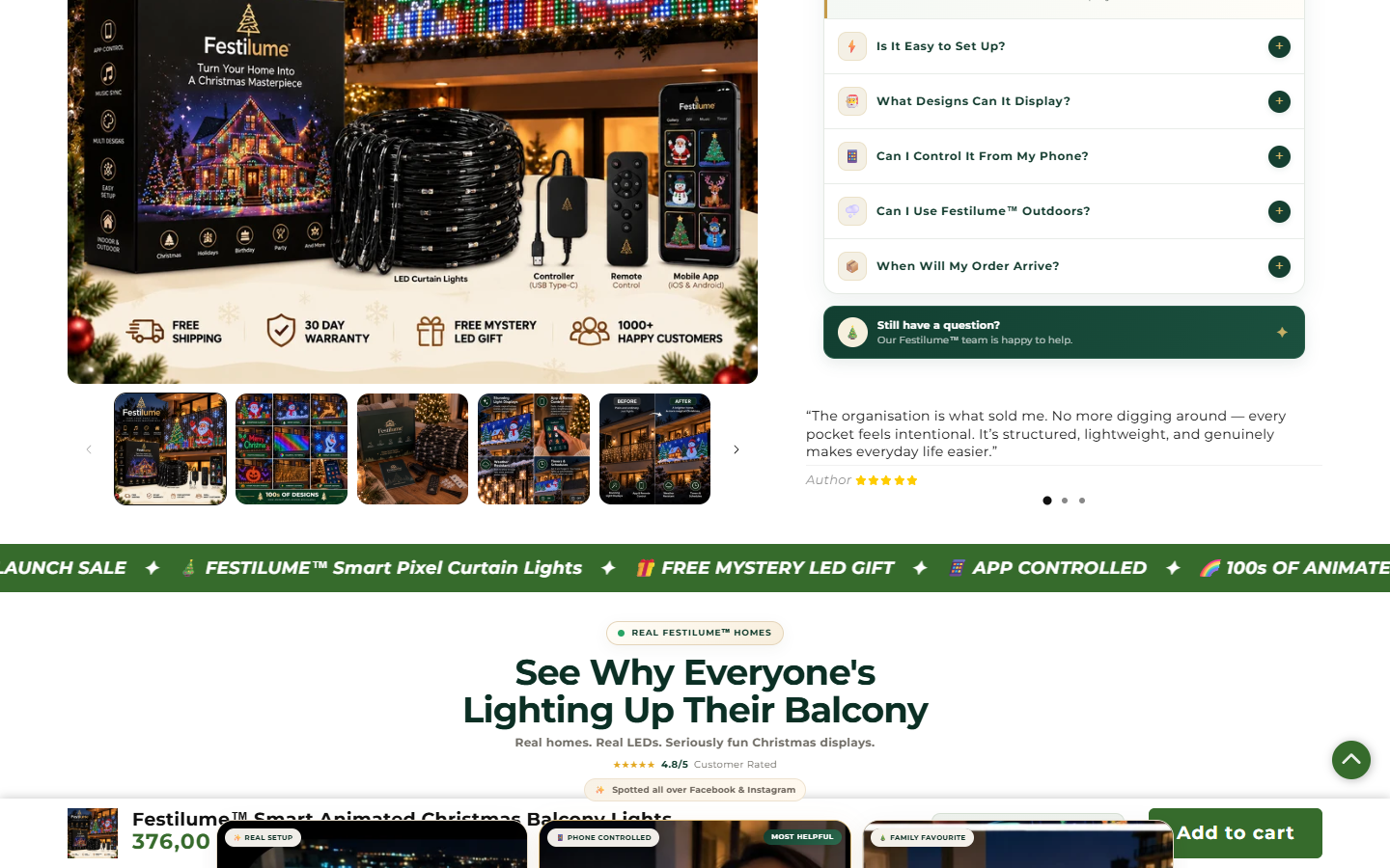 Festilume Lights Review: Mismatched Testimonials and Return Questions 2026 2 Festilume product page displaying a testimonial about a bag instead of lights