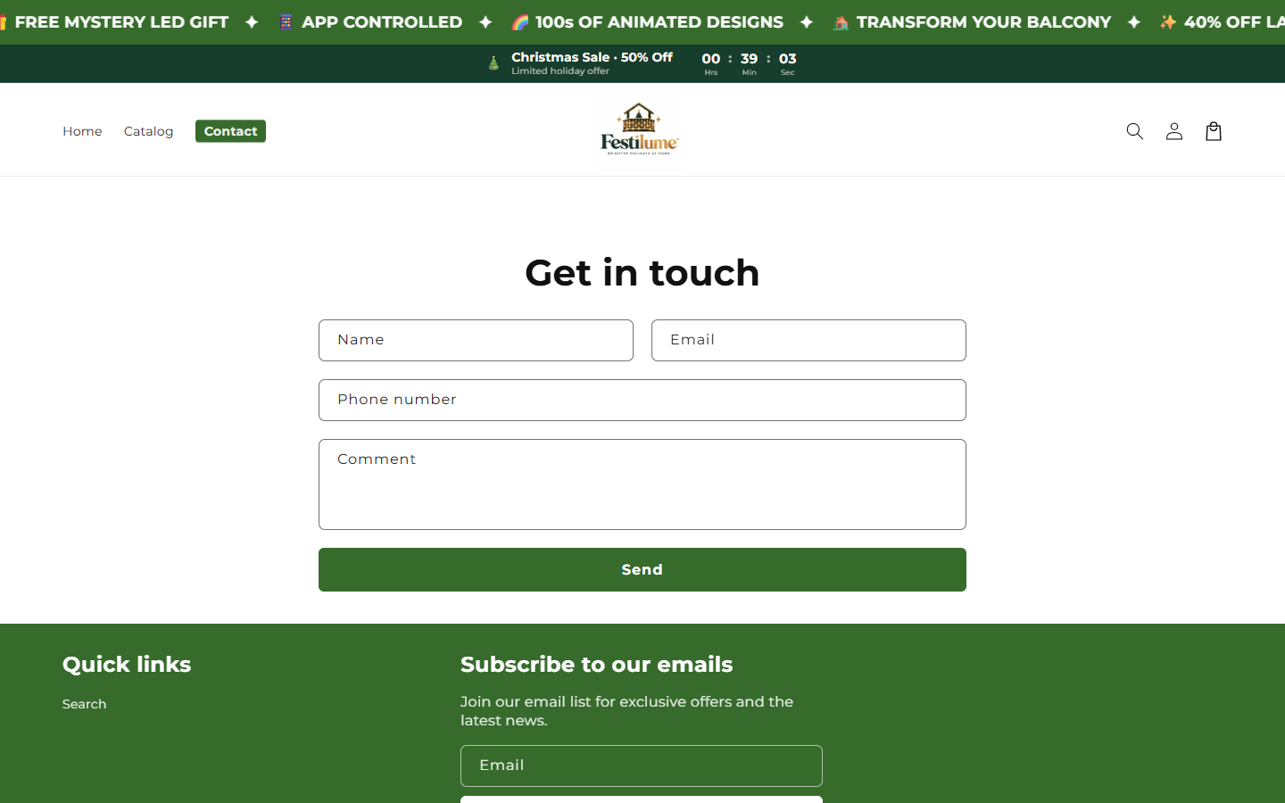 Festilume Lights Review: Mismatched Testimonials and Return Questions 2026 3 Festilume contact page showing a form without visible direct business contact details