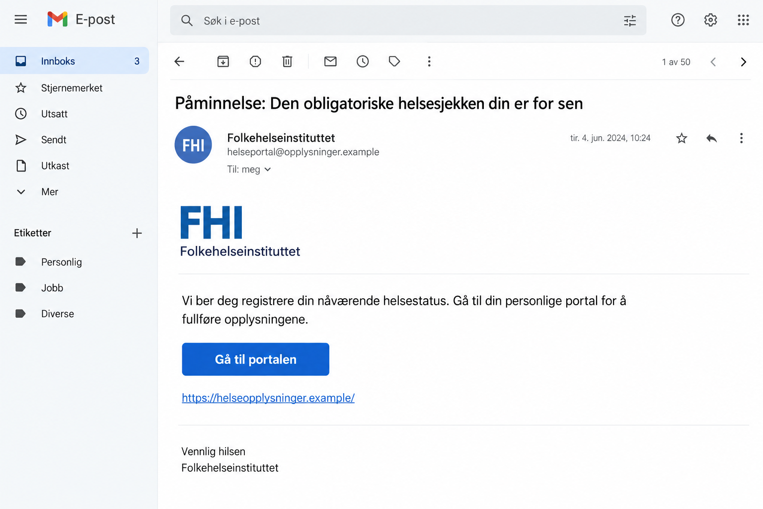 Illustration of a false FHI email claiming a mandatory health check is overdue