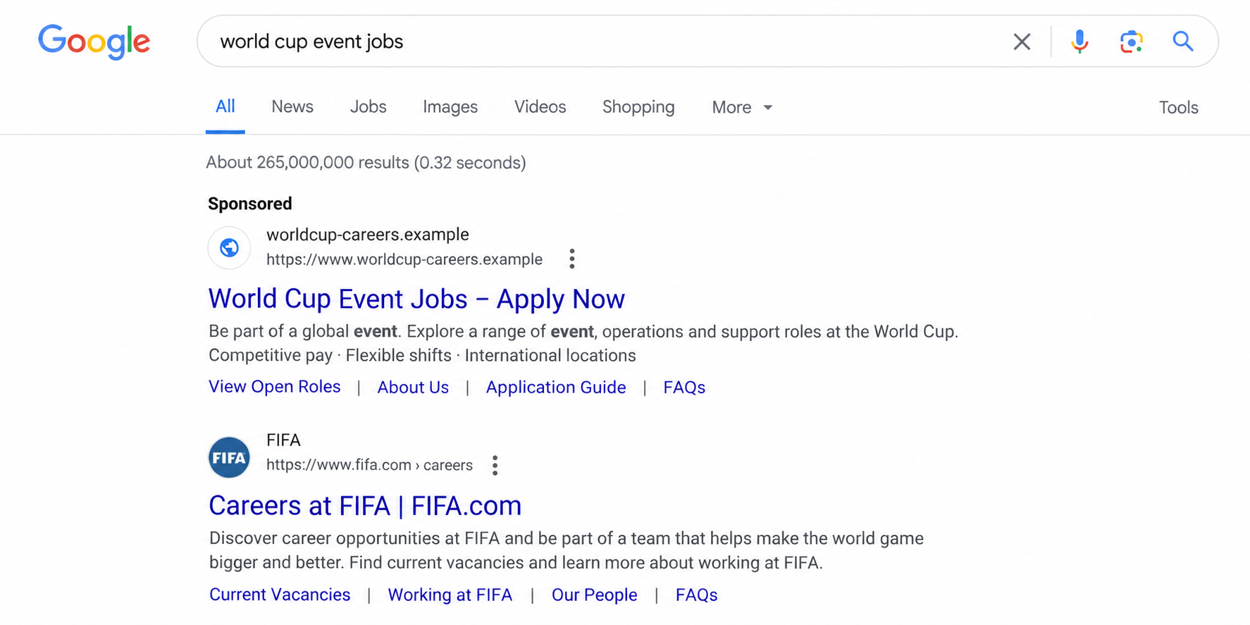 Illustrative search results contrasting a fictional careers domain with fifa.com