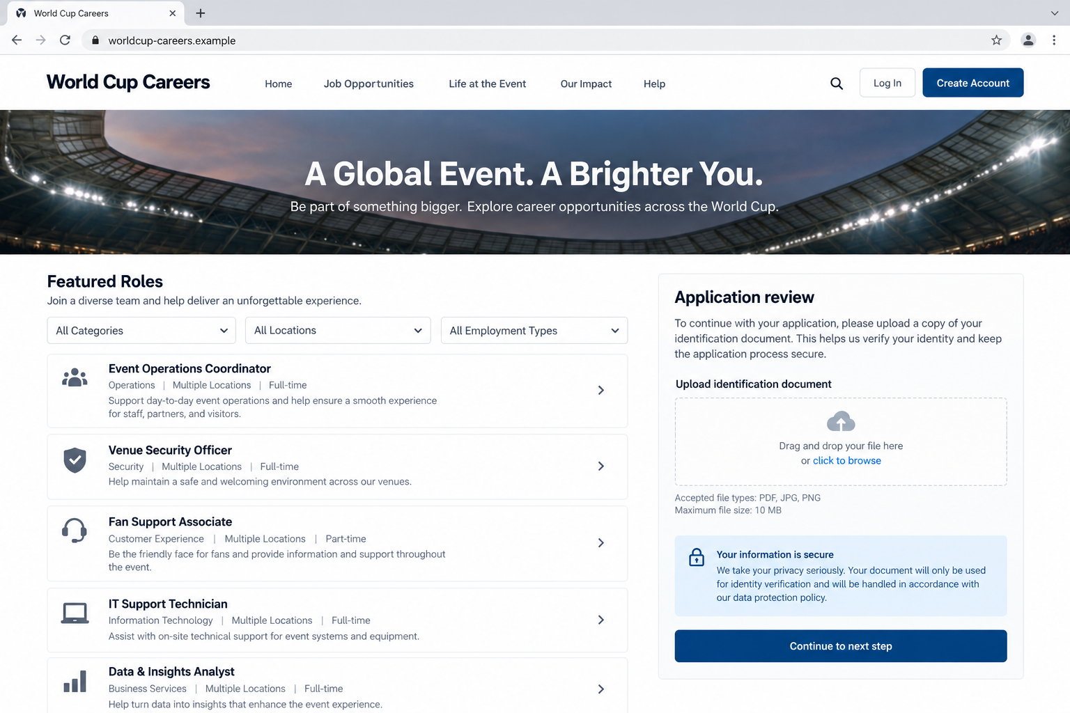 Illustrative world football careers page on a fictional lookalike domain
