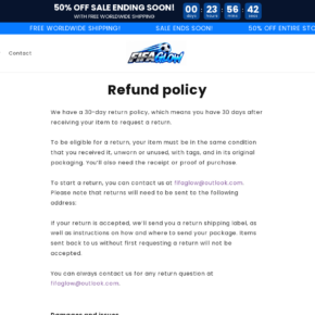 FifaGlow refund policy displaying its thirty-day window and an uncompleted return address
