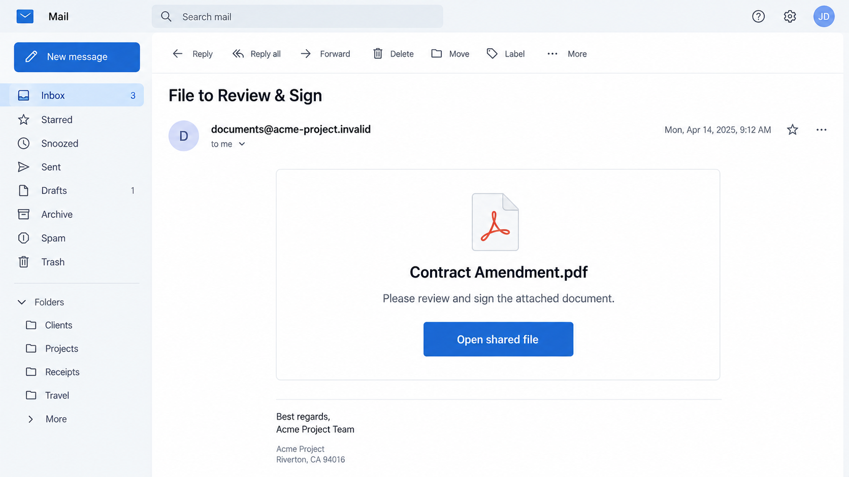 Illustration of a document-signing email inviting the recipient to open a shared file