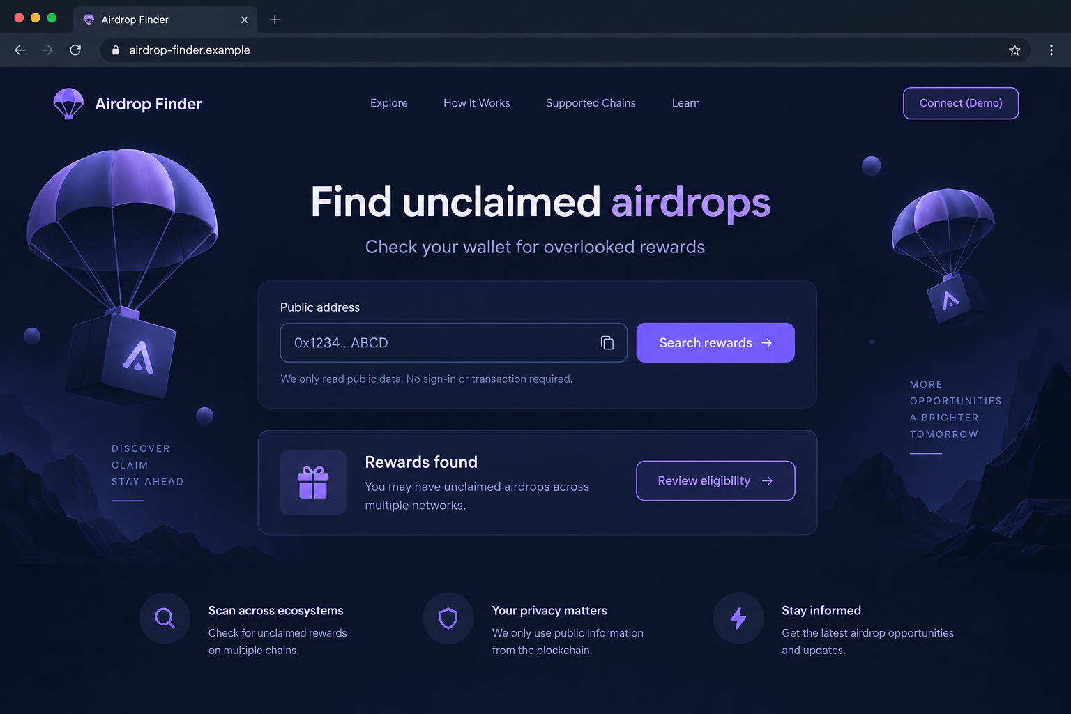 Original illustrative unclaimed-airdrop finder interface using a nonfunctional example domain