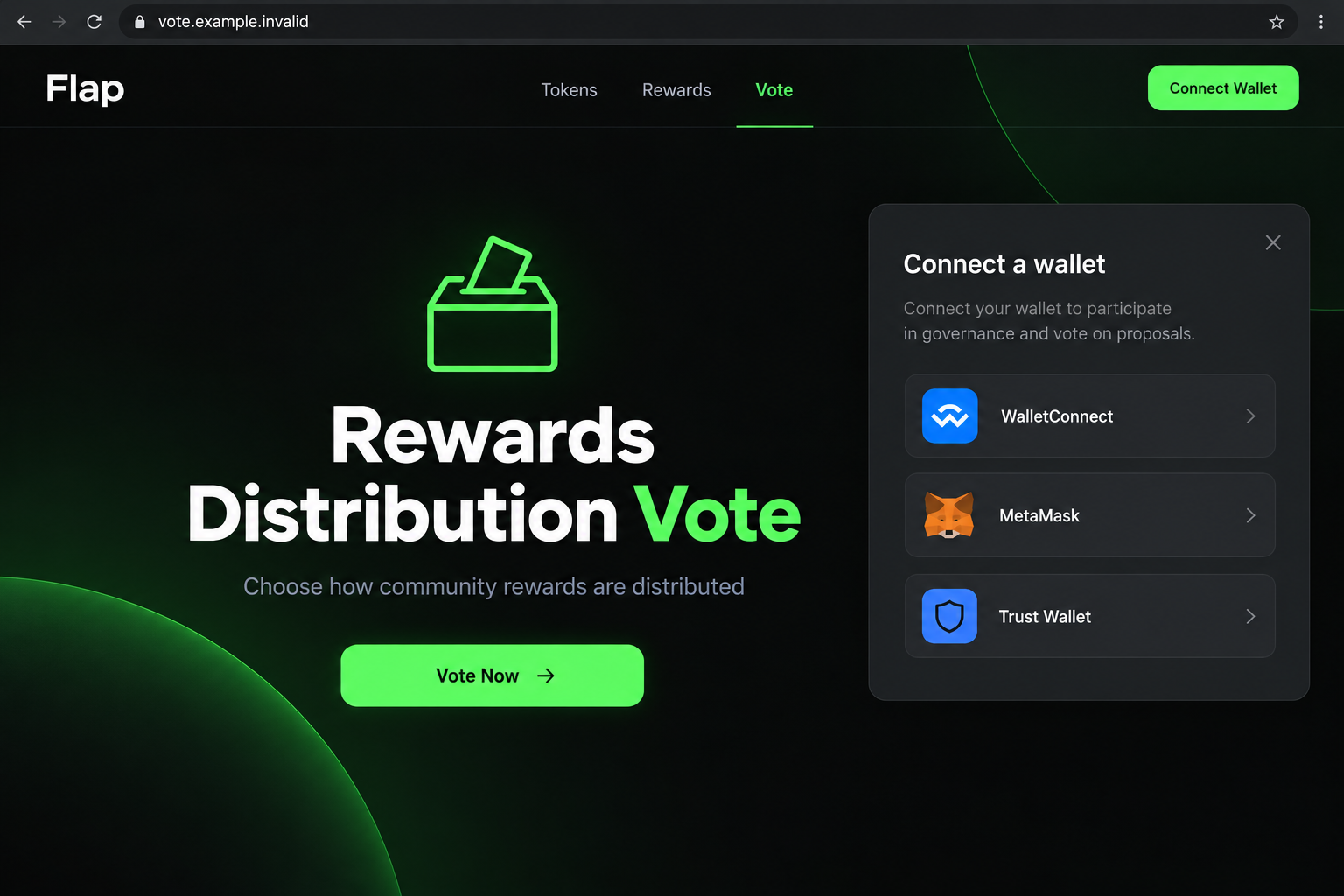 Flap Vote Rewards Scam Exposed: Fake Voting Page Targets Crypto Wallets 1 Illustrative Flap voting rewards page showing a Vote Now button and wallet connection panel