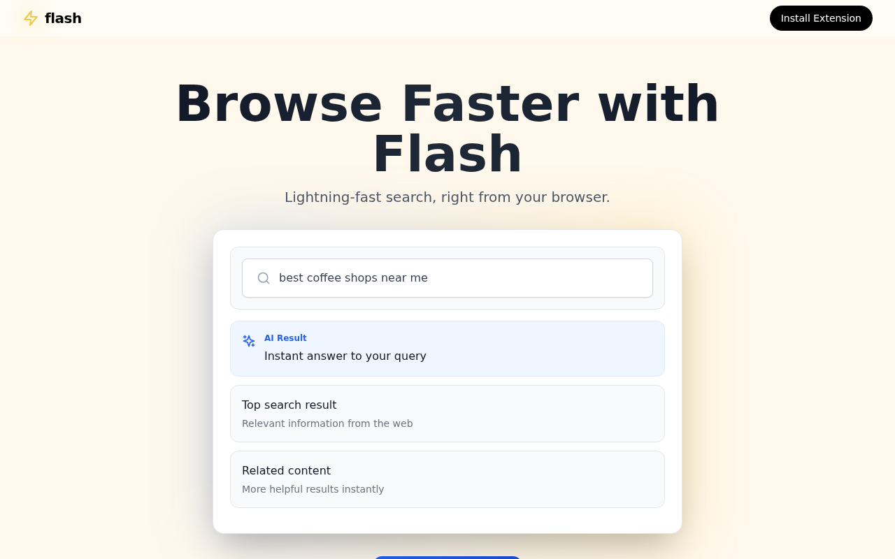 Original Flash promotion page advertising faster browser searches and an Install Extension button