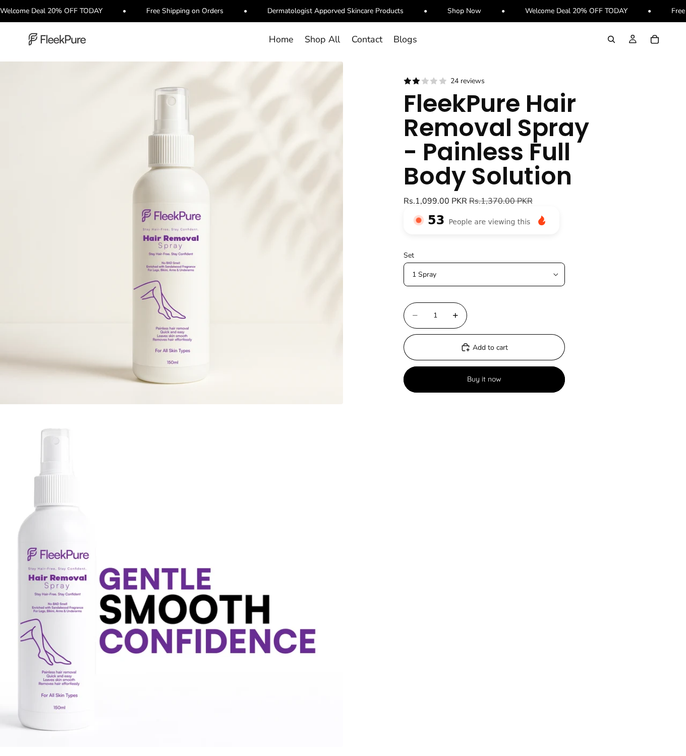 FleekPure hair removal spray product page showing the bottle, pricing, and quantity selector