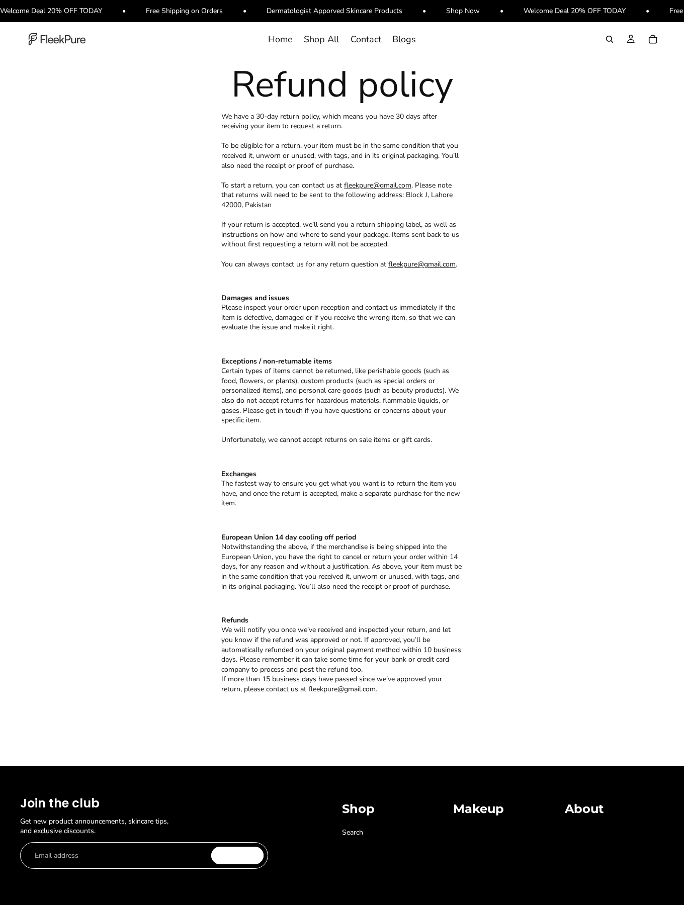 FleekPure refund policy with unused-condition requirements and personal-care and sale-item exclusions