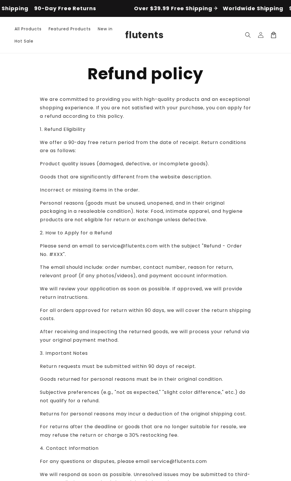 Flutents refund policy listing eligibility, return-shipping coverage and exclusions