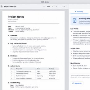 Representative macOS PDF-Brain interface displaying fictional project notes and a document-summary panel