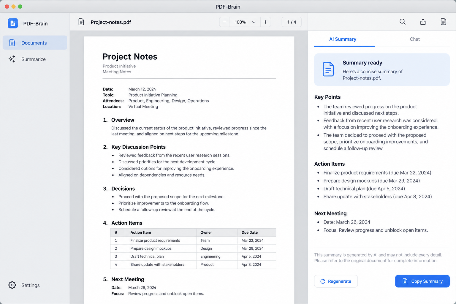 Representative macOS PDF-Brain interface displaying fictional project notes and a document-summary panel